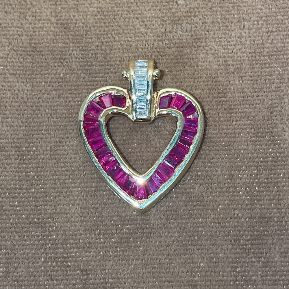 Solid 14K Yellow Gold Natural Ruby Rubies Diamond Pendant Charm for Necklace